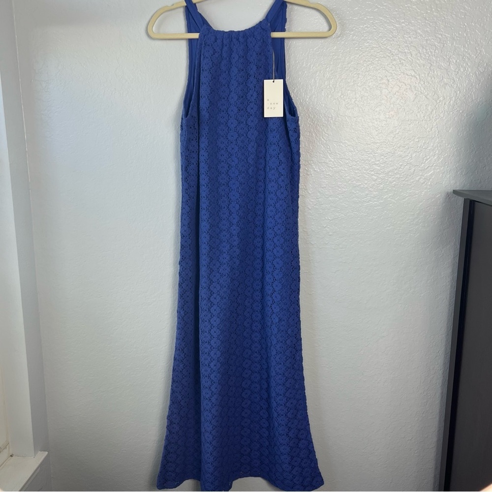 A New Day Blue Crochet‎ Lace Halter Midi Dress | 100% Cotton | Size Small - Picture 13 of 17